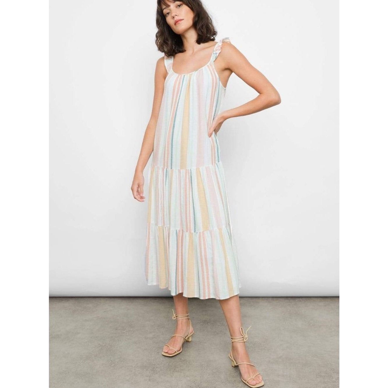 Rails Capri Linen Blend Ruffle Shoulder Tiered Midi Dress | Melon Stripe | Xl